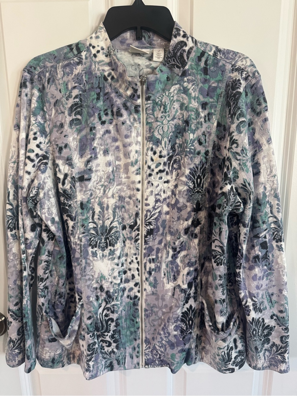 Chico's Floral-Animal Print Zip Bomber Jacket - Green, Gray, Cream